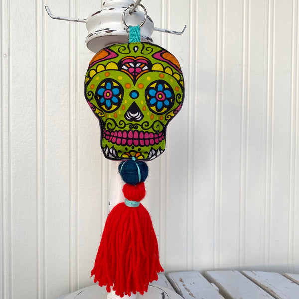 Sugar Skull Keychain Boho Bag Tassel / Green