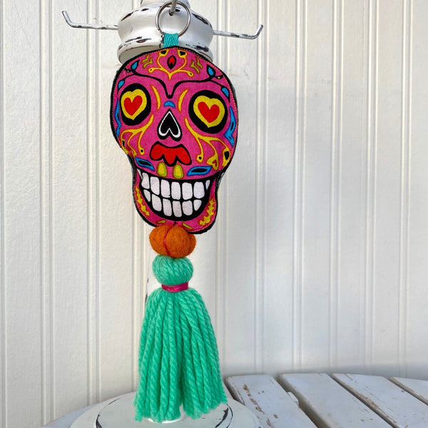 Sugar Skull Keychain Boho Bag Tassel / Pink