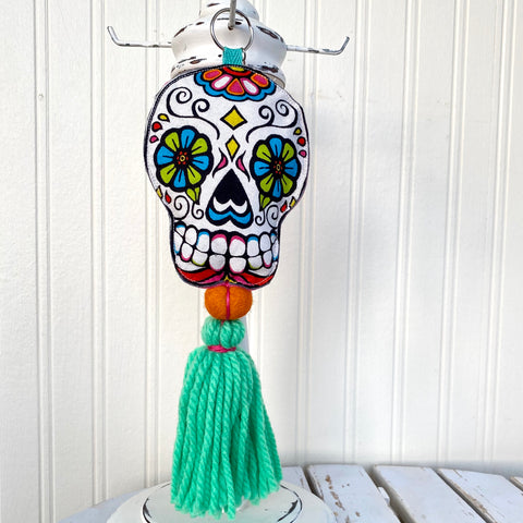 Sugar Skull Keychain Boho Bag Tassel / White