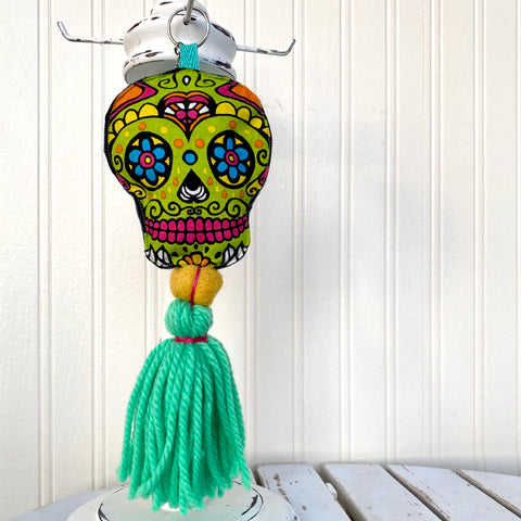 Sugar Skull Keychain Boho Bag Tassel / Green