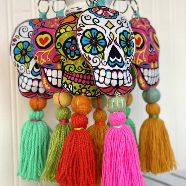 Sugar Skull Keychain Boho Bag Tassel / Green