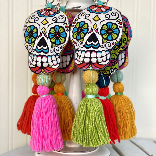 Sugar Skull Keychain Boho Bag Tassel / Green