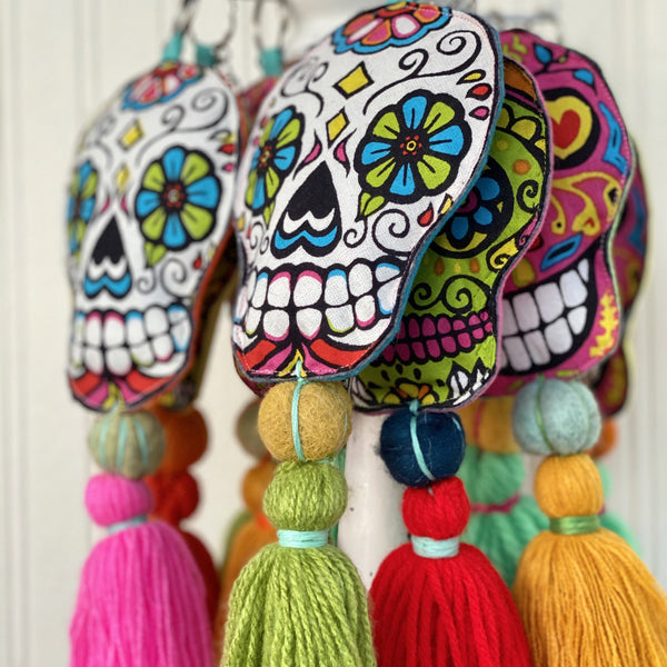 Sugar Skull Keychain Boho Bag Tassel / Pink