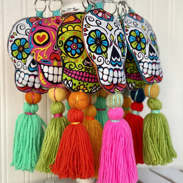 Sugar Skull Keychain Boho Bag Tassel / Pink