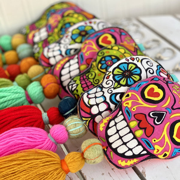 Sugar Skull Keychain Boho Bag Tassel / White