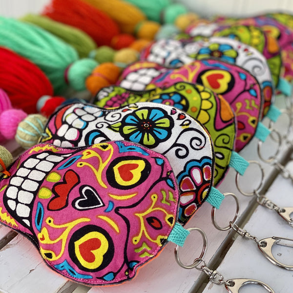 Sugar Skull Keychain Boho Bag Tassels / White